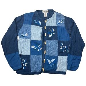 Vtg Cabin Creek Wood Toggle Patchwork Sweater Size Small Blue Cottagecore